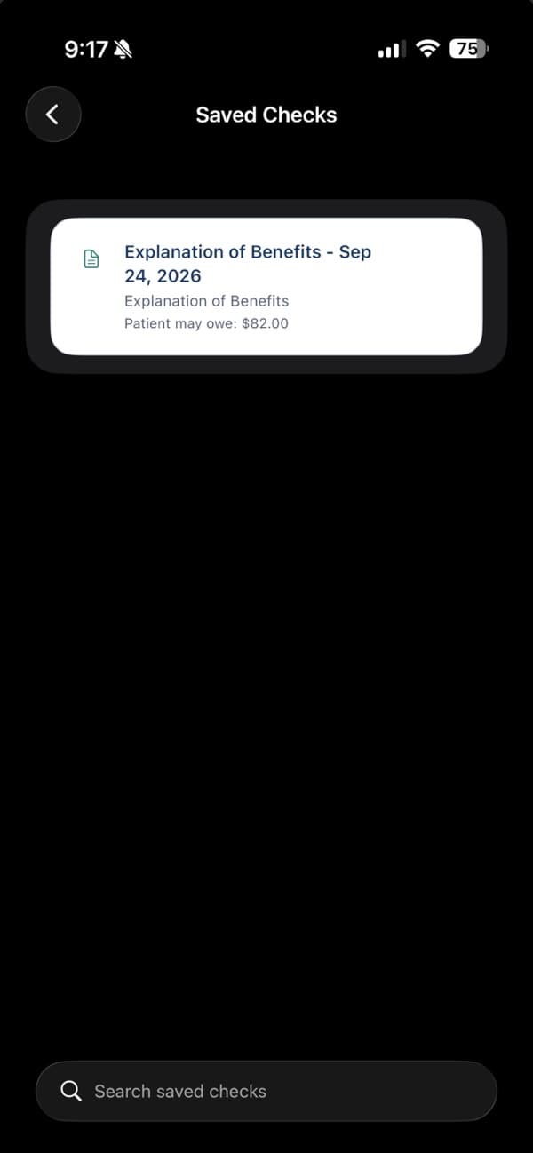 Saved Checks screen with an example saved Explanation of Benefits result