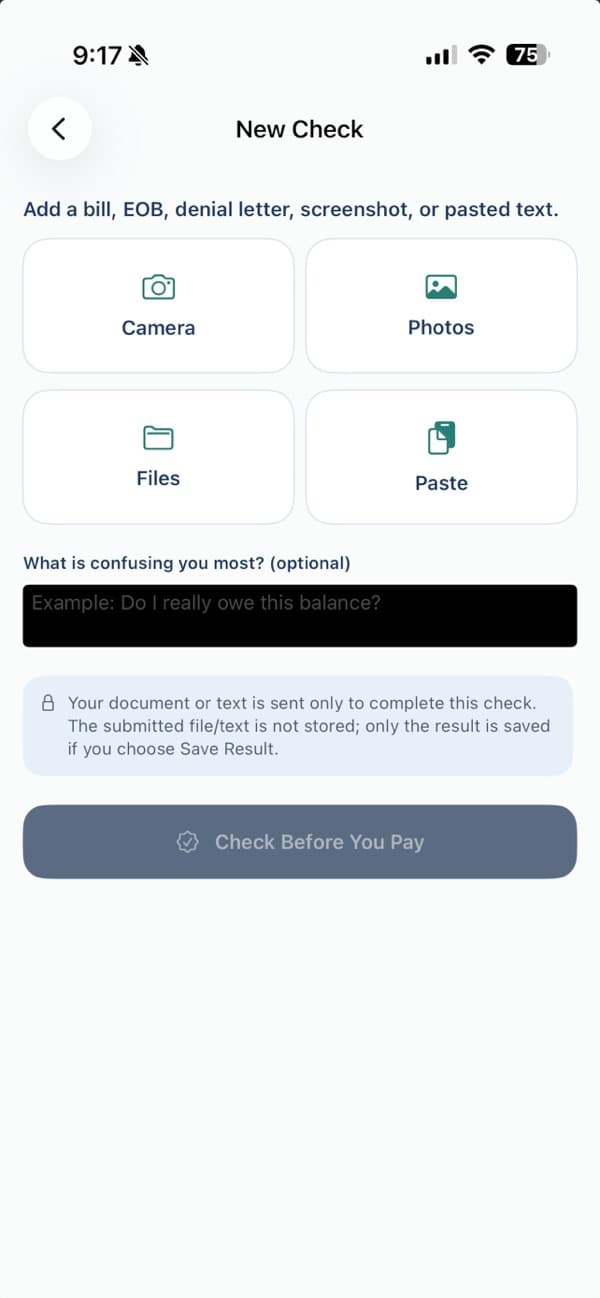 New Check screen offering Camera, Photos, Files, and Paste with a privacy notice