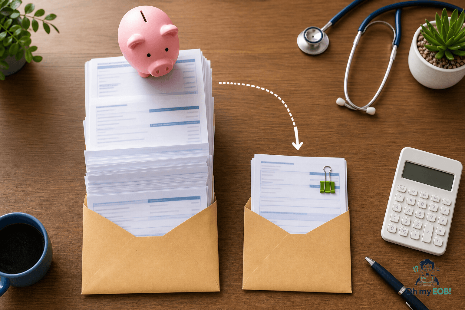 A calm illustrated guide comparing billed amount and allowed amount on an EOB