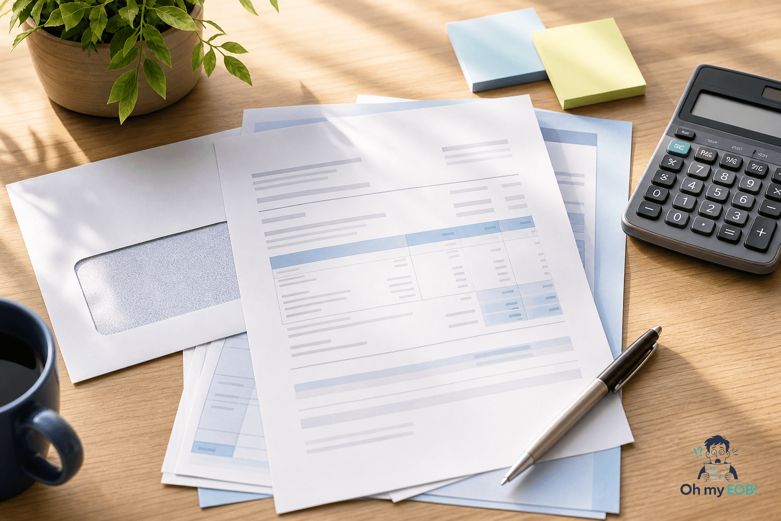 A calm weekly review illustration showing EOB numbers that need to be compared before paying