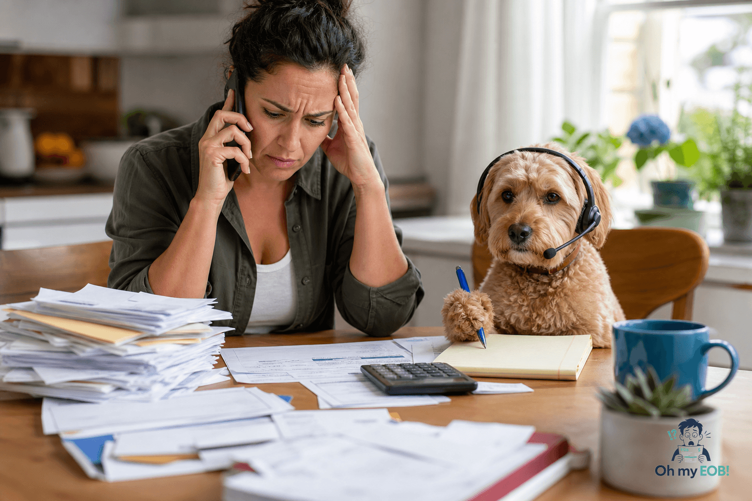A calm illustrated desk setup for preparing for a provider billing call with an EOB and medical bill