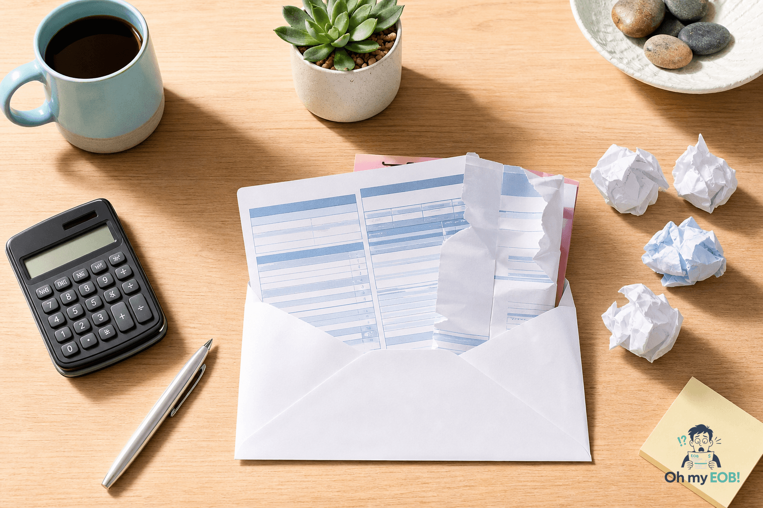 A calm illustrated medical bill arriving after insurance paid part of an EOB claim